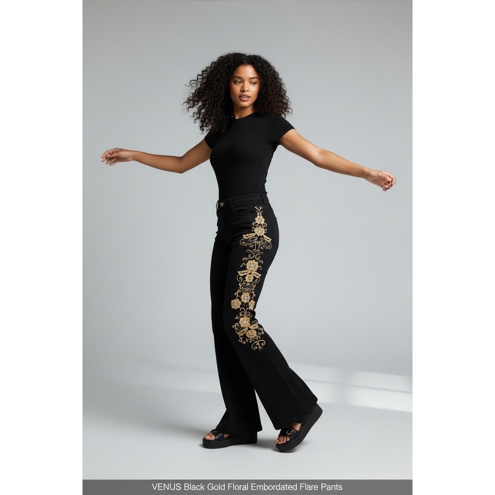 VENUS Floral Embroidered Flare Pants Womens 10 Black Gold Excellent Rhinestone